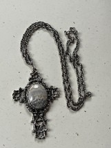 Estate Long Silvertone Twist Chain w Large Ornate CROSS w Oval Gray &amp; Cream Agat - $18.52