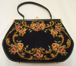 Vintage Needlepoint &amp; Black Leather Handbag Floral Art Purse Romantic - £55.91 GBP