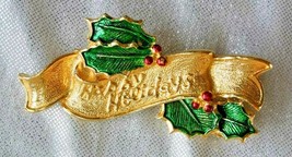 Gerry&#39;s Enamel Gold-tone Christmas &quot;Happy Holidays&quot;  Brooch 1970s vintage 2 1/4&quot; - £10.16 GBP