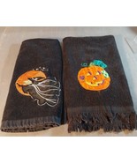 Vintage Halloween Dish Towel Flying Witch Moon Pumpkin Applique Embroidered - £13.06 GBP