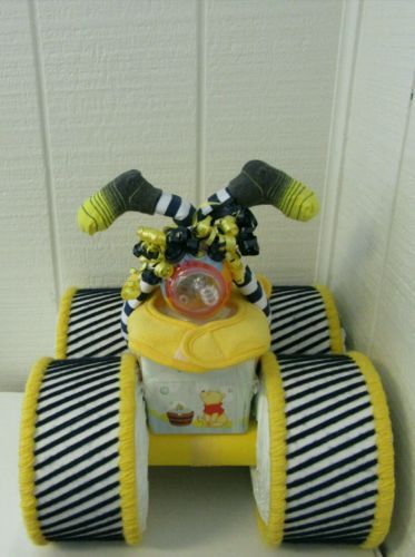 Navy Blue and Yellow Bumble Bee  Four Wheeler Diaper Cake Baby Shower Gift