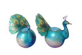 Tin Plastic Blue Green Peacock Tea Light Candle Holders Set Of 2 7&quot; W/Ca... - £15.91 GBP