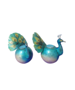 Tin Plastic Blue Green Peacock Tea Light Candle Holders Set Of 2 7&quot; W/Ca... - £15.81 GBP