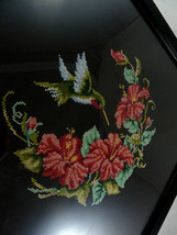 Vtg finished framed Counted Cross Stitch Hummingbird &amp; Hibiscus Dimentio... - $34.64
