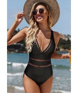 BEACHSISSI Women&#39;s Black Deep V Neck Mesh Crochet One Pc Swimwear Suit S... - $27.06 CAD
