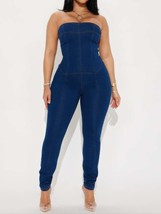 Women&#39;s Strapless Denim Jumpsuit With Lace Up Back - $80.88 CAD