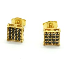 Men&#39;s 14k Yellow Gold Plated Black Simulated Diamond Small Square Pave Earrings - £14.63 GBP