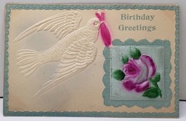 Birthday Greeting Embossed Bird Silk Rose Airbrushed Postcard D19 - £3.15 GBP