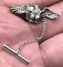 Flying Eagle Spread Wings Silver Tone Tie Tack Pin w/ Chain 1.25&quot; x 0.5&quot; - £7.44 GBP