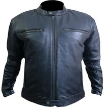 Zipper Black Leather Jacket Men Pure Cowskin Biker Racer Coat 4 front Po... - $209.99