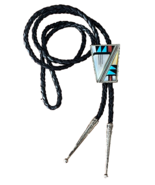 Native American Zuni Sterling Silver &amp; Inlay Bolo Tie Signed Ardale Mahooty - £154.77 GBP