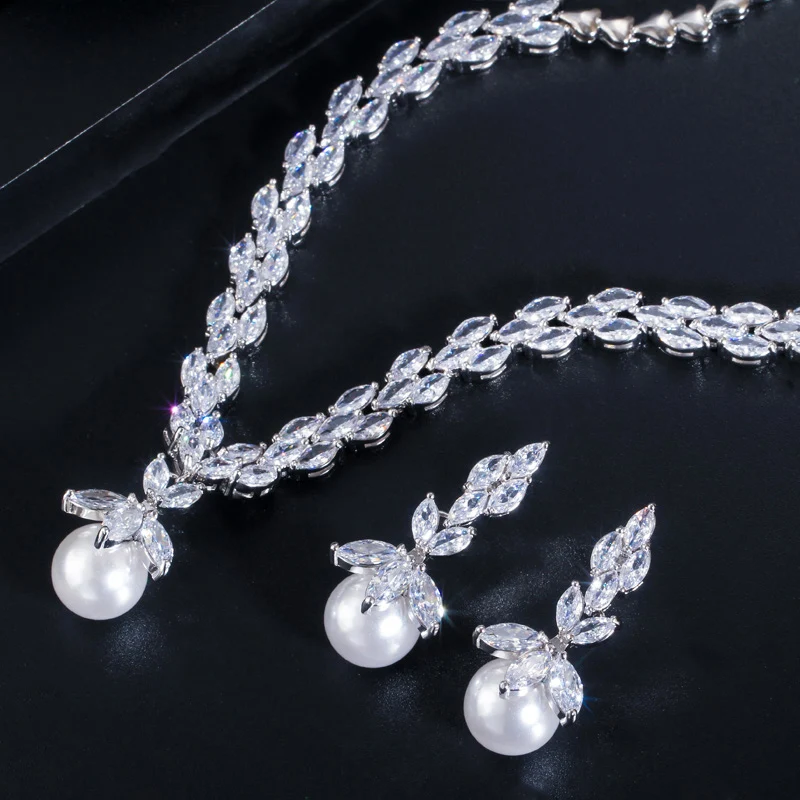 Gorgeous Cubic Zirconia Bridal Pearl Necklace Earrings Sets for Women Wedding Pa - $42.71