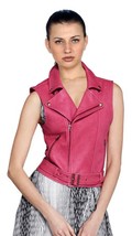 Pink Barbie Fancy Winter Stylish Waistcoat Lambskin Leather Vest Coat Women - £87.03 GBP+