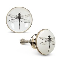 Dragonfly Drawer Knobs Set 4 Ceramic Metal White Black 1" Diameter Silver Stud