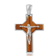 925 Sterling Silver Big Wooden Crucifix Wood Cross Religious Pendant Necklace - £39.26 GBP+