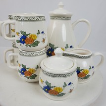 Vintage Taiwan Hand Crafted Ceramic Teapot 4 Mugs Sugar Creamer SET Cott... - £28.13 GBP