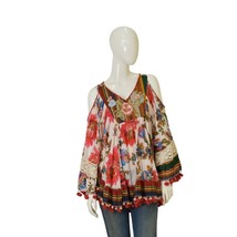Antica Sartoria Floral Embroidery Cold Shoulders Pom Poms Tunic Blouse T... - $84.15