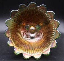 Antique Northwood Leaf &amp; Beads Green Carnival Bowl Footed Ray Design Int... - €63,95 EUR