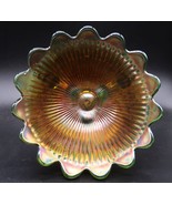 Antique Northwood Leaf &amp; Beads Green Carnival Bowl Footed Ray Design Int... - $74.99