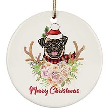 hdhshop24 Merry Christmas Pug Dog Flower Circle Ornament Gift Pine Tree Decor, C - £15.60 GBP