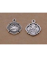 5 Fireman Charms Antiqued Silver Tone Fire Department Hero Pendants Badg... - $5.04