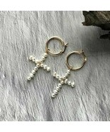 Natural Pearls Cross Dangling Drop Wedding Hoop Earrings 18K Yellow Gold... - £69.15 GBP