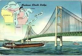 Bridges Postcard Mackinac Straits Bridge w/ Upper Michigan Map - £7.80 GBP