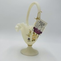 Fenton Basket Art Custard Glass Signed Ruffled Floral Butterfly Hand Painted - £70.43 GBP