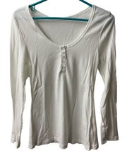 Unbranded Women Size M White Snap Henley Long Sleeved Round Neck Ribbed Knit Top - £6.53 GBP
