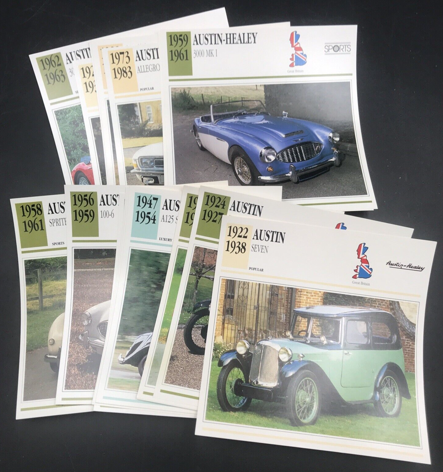 Primary image for Lot of 17 Vintage Austin UK Atlas Editions Classic Cars Info Spec Cards 1990s