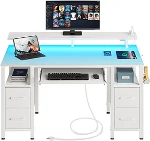 Computer Desk 55.1&quot; With Led Lights &amp; Power Outlets, Home Office Desk Wi... - $220.99