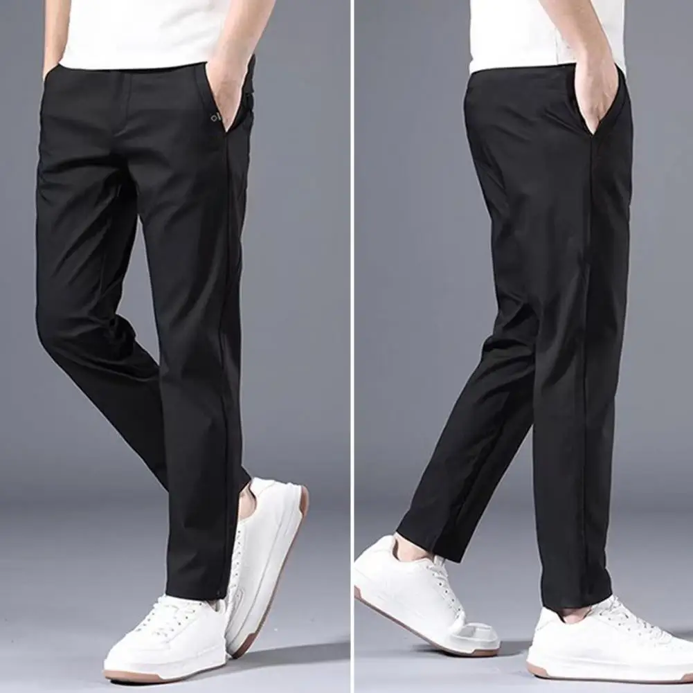 Sporting Summer Men Pants Solid Color Elastic Waist Pockets Korean Style Mid Wai - £23.69 GBP