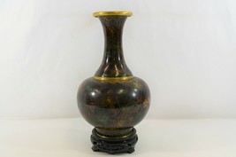 Chinese Cloissone Vase Enameled Brass Dark Red Green Brown Floral Vtg 11&quot; - £76.30 GBP