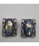 Vtg Confetti Lucite Earrings Clip On Blue Gold Glitter Silver Tone - $19.99