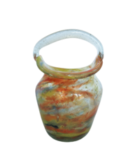 Vintage art glass yellow &amp; orange swirled small basket vase - £15.62 GBP