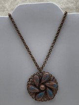 Copper Color Glitter Acrylic Cabochon Blue Filigree necklace on Rolo Chain - $18.95