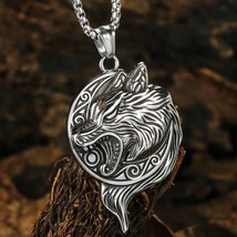 Silver Norse Viking Fenrir Wolf Head Pendant Necklace Men&#39;s Jewelry Chain 24&quot; - £9.48 GBP