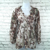 Belissimo Blouse Womens Medium Brown Abstract Print 3/4 Sleeve Sheer Tie Back - $19.99