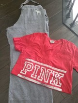Pink Victoria Secret Pants &amp; T-shirt Set Size Small Joggers Casual Wide Leg - £16.98 GBP