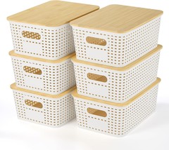 Bamboo-Lidded Plastic Storage Baskets - Plastic Storage Containers, 6 Pack. - $47.97