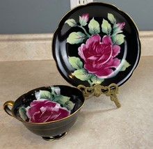 Chugai China Occupied Japan Red Rose On Black Tea Cup And Saucer Set - $19.79