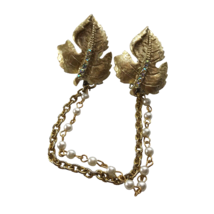 Vintage Sweater Guard Dress Clip Leaf Gold Tone Rhinestones Aurora Borealis MCM - £15.81 GBP