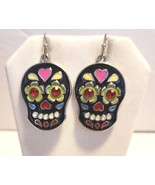 Sugar Skull Dangle Earrings Multicolor Silver Tone Hook Black Day of the... - £11.57 GBP