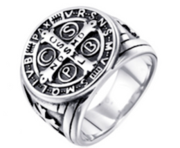 SAINT BENEDICT EMBLEM METAL BIKER RING SILVER COLOR BRX57 gothic church new - $9.45