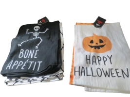 Set Of 4 Halloween Bar Towels Each 20&quot; x 20&quot; Skeleton Skull Pumpkins New W/Tags - £11.77 GBP