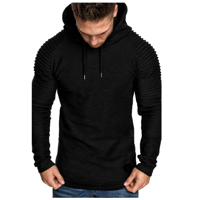 Men&#39;s slim slim Solid color Hooded Long sleeve T-shirt Striped pleated c... - £30.34 GBP