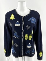 Christopher &amp; Banks Cardigan Christmas Party Winter Sweater Sz M Navy Blue Green - £27.86 GBP