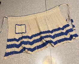 Vintage handmade crochet waist apron blue cream pocket - $10.99