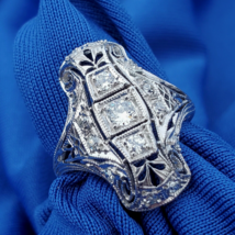 Earth mined Diamond Deco Engagement Ring Antique Platinum Filigree Setting - £2,328.54 GBP