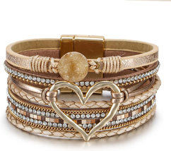 Punk Multilayer PU Leather Love Heart Shape Wide Wrap Bracelet Crystal M... - $48.77